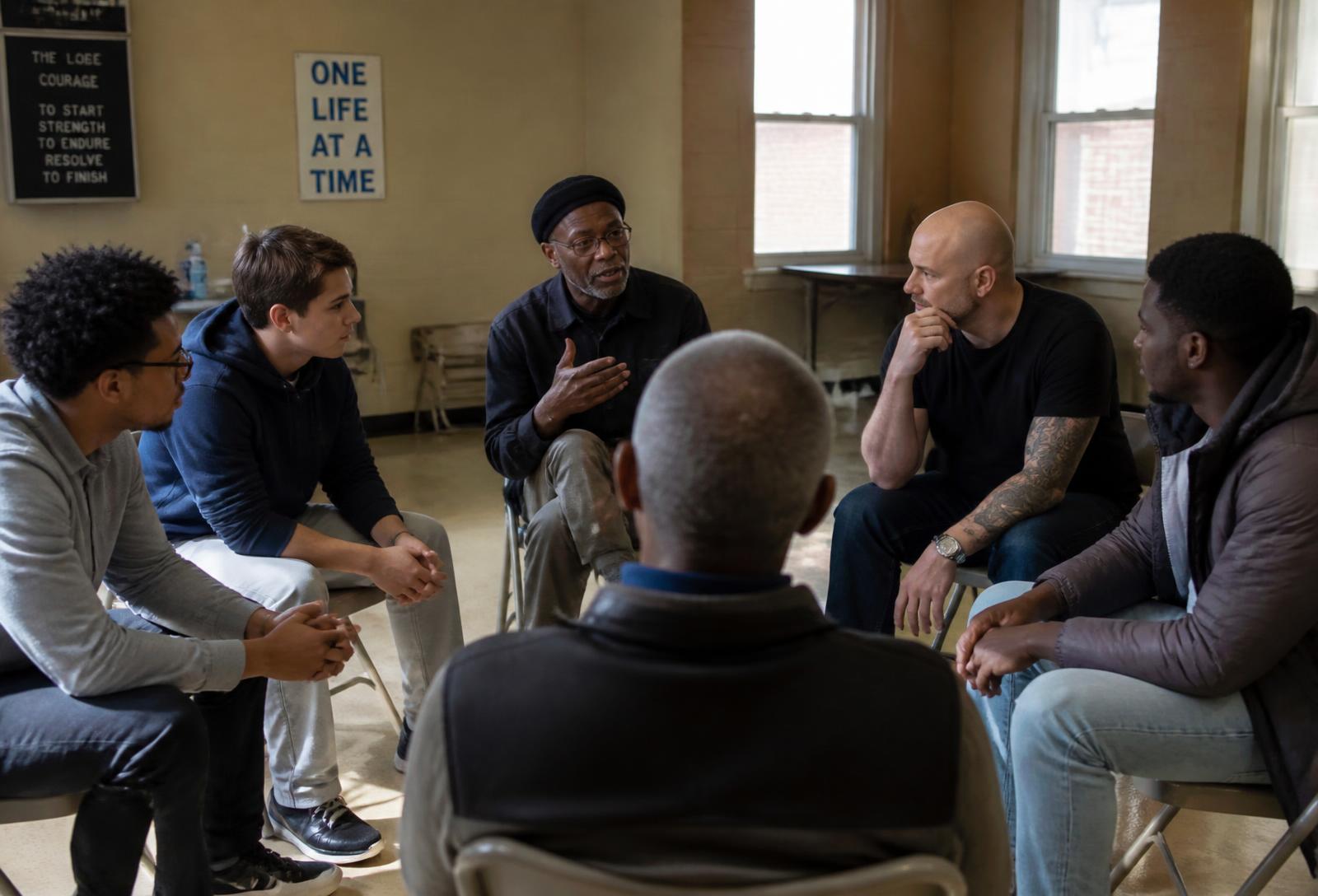 Men of all ages seated in a mentoring circle at a community center