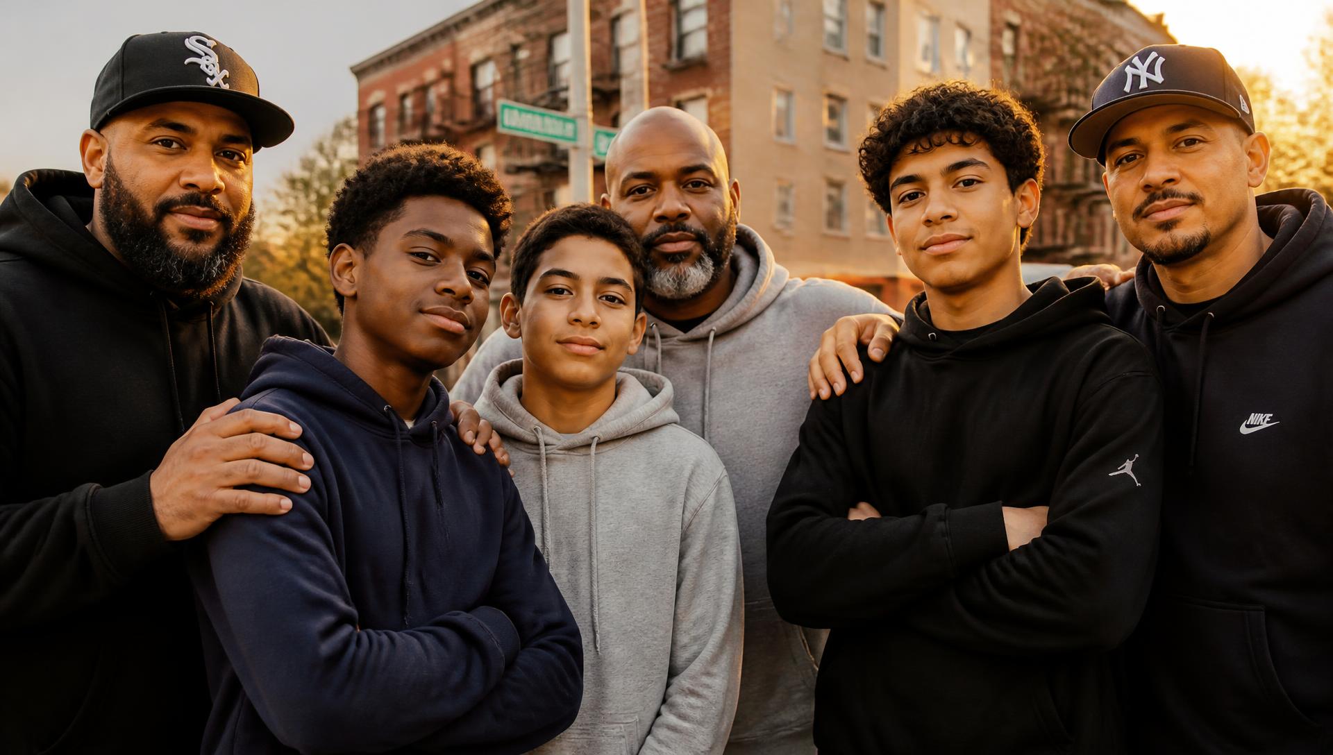 Mentors standing with young men in their neighborhood